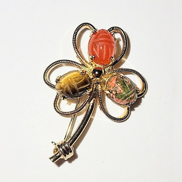 GOLD-FILLED SCARAB SHAMROCK BROOCH - BURT CASSELL, GENUINE STONES - Picture 1 of 8